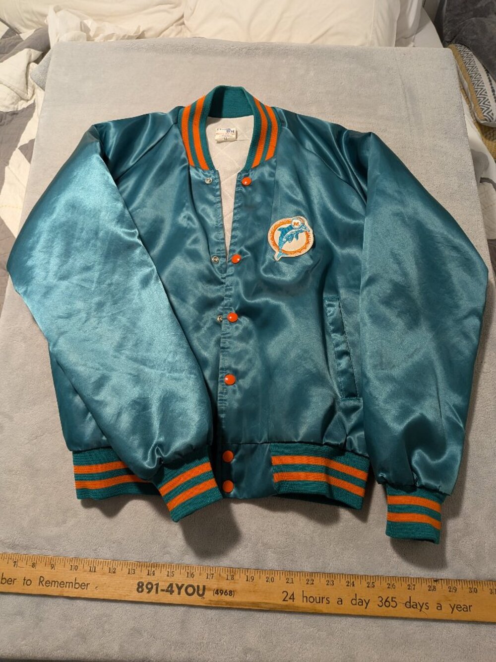Vintage Chalk Line Miami Dolphins NFL Teal Satin Snap-Front Jacket Size M